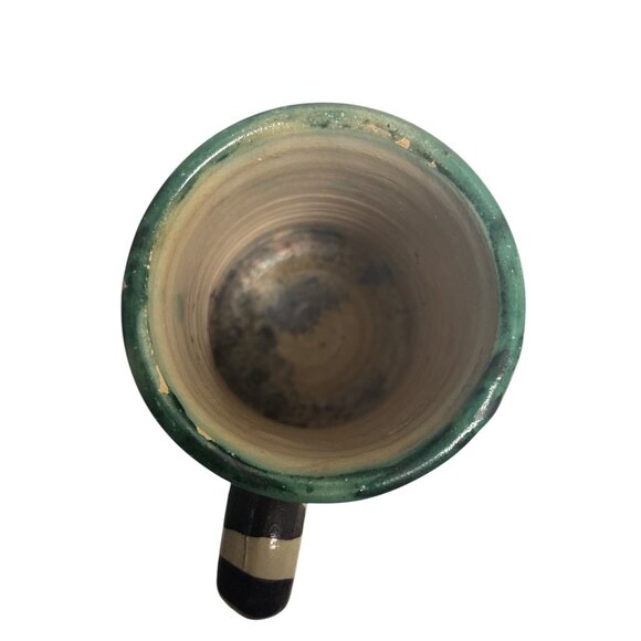 Handcrafted Ceramic Mug With Green & Black Geometric Patterns Striped Handle Uni - Picture 5 of 6